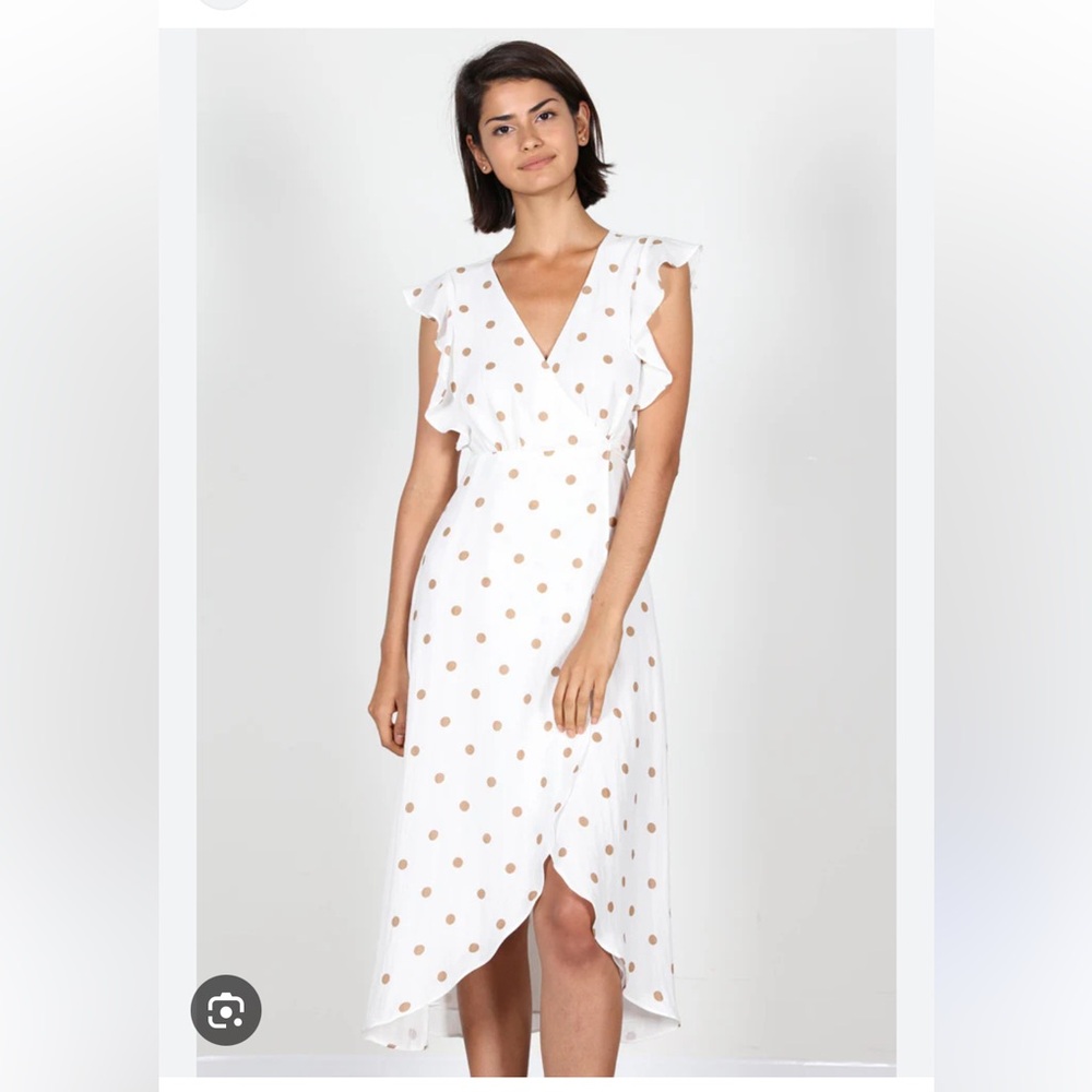 Cream &Beige Polkadot Ruffle Wrap Dress Asymmetrical